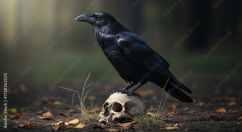 Obraz premium Raven on Skull Still Life - A raven sits atop a skull, a stark representation of mortality, mystery, wisdom, afterlife, and symbolism.