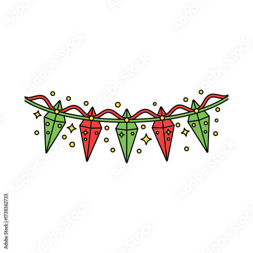 Christmas Garland with Gem- Shaped Ornaments and Stars on White Background jewel