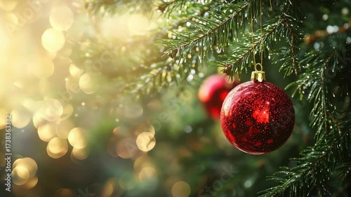 A sparkling red Christmas ball hangs from a pine tree branch glowing in warm festive light