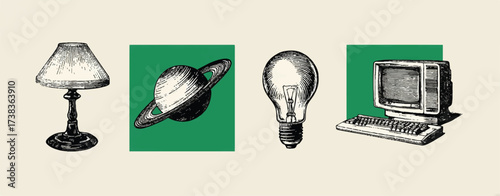 Collection of Artistic Graphic Illustrations Including Lamp Saturn Lightbulb and Vintage Computer for Creative Projects