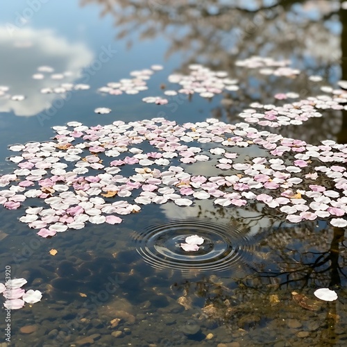 Cherry Blossom Petals Floating on Water with Ripples.