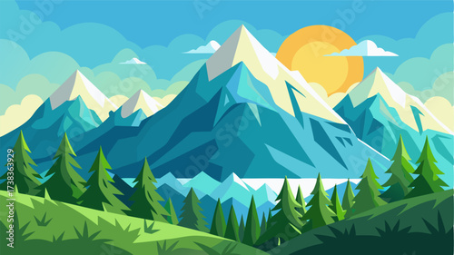 A vista of snowcapped mountains their peaks glittering in the bright sunlight surrounded by lush green forests.