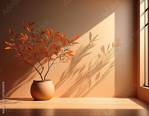Wallpaper Mural minimalist interior corner with light and shadow display featuring branches in a decorative pot Torontodigital.ca