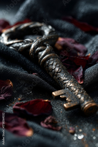 Ornate Dragon Scale Key Dark Red Rose Petals Black Leather Gothic Fantasy Romance