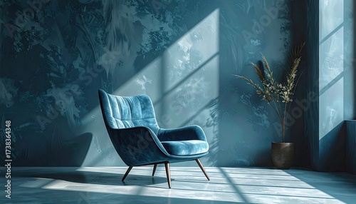 Pixel Art of Blue Armchair in Dark Room with Light Beams
