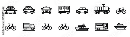 Collection of transport icons showcasing diverse vehicles including cars bicycles trains and ships in a simple outline style