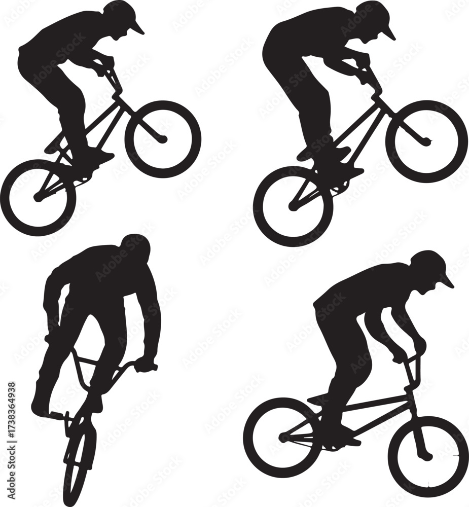 Fototapeta premium Black silhouettes of cyclists performing tricks action