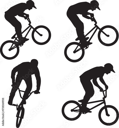 Black silhouettes of cyclists performing tricks action