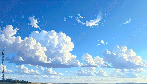 Pixel Art Style Sky with Puffy White Clouds and Blue Sky Panorama Peaceful Nature Scene Daytime Landscape with Distant Shoreline and Horizon