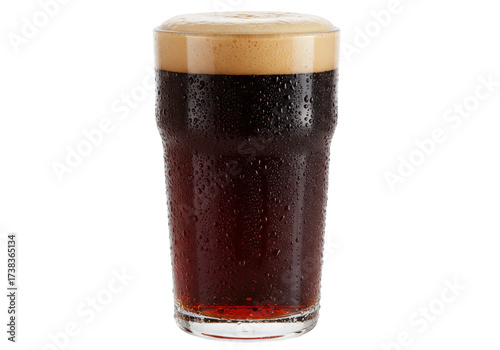 Bild auf Leinwand Isolated pint of dark beer with foamy head and water droplets on the glass surfa