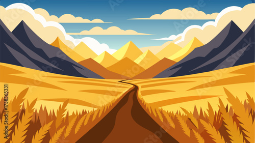 A sprawling valley with golden fields of wheat stretching as far as the eye can see framed by rugged mountains.