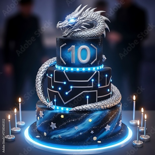 Spectacular Dragon Cake for a Tenth Birthday Celebration with Glowing Lights.