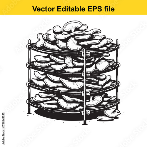 Vector art of stack of dehydrated mushroom slices on drying rack