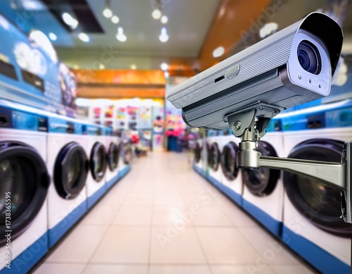 Wallpaper Mural cctv or surveillance operating in row of washing machine of laundry business in the public store blur background Torontodigital.ca