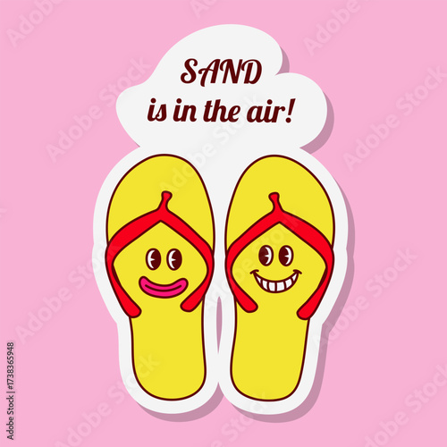 Two yellow flip flops with red straps are displayed. Each sandal has a cartoon face, and above them is a white cloud shape with the text SAND is in the air.