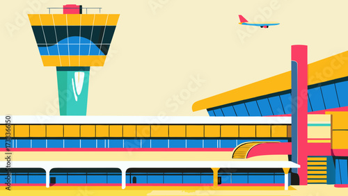 Colorful Retromodernist Vector Illustration of Airport Terminal Retro Futuristic Travel and Aviation Architecture Design