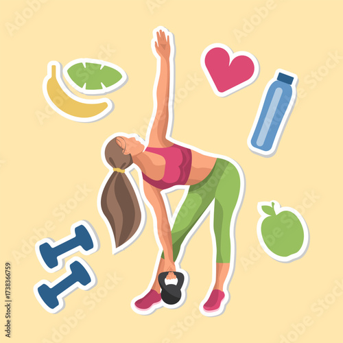 A faceless woman performs a kettlebell stretch in a colorful setting filled with fitness icons representing healthy living and exercise.
