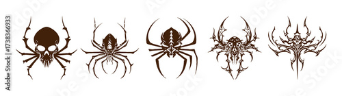 Set of vector spider tattoo designs with gothic and tribal style, skull inspired arachnid illustrations for horror, Halloween, fantasy art, dark decor and graphic elements