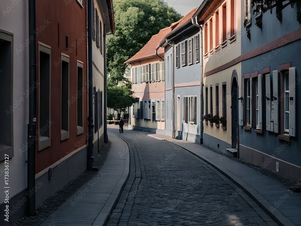 Obraz premium Charming cobblestone street lined with colorful historic buildings in a town