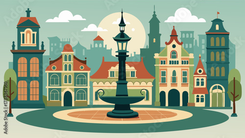 Encircled by ornate Victorianstyle buildings this town square is home to a majestic fountain and a memorial plaque honoring past events.