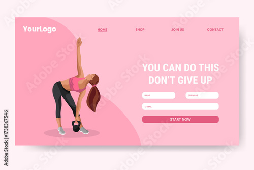 A fitness woman performs a side stretch while holding a kettlebell, showcasing strength and determination in a bright, motivating environment.