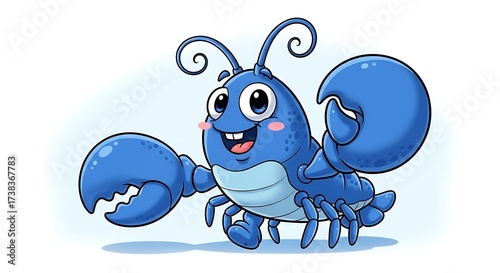 Cheerful Blue Lobster Cartoon Character with Big Claws and Smiling Face.