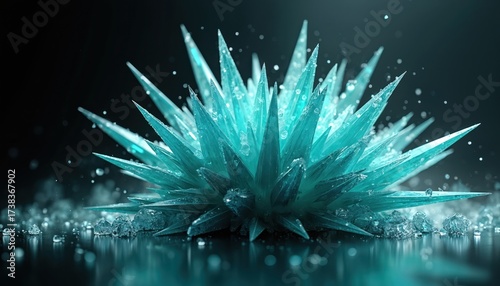 Abstract crystal explosion in teal color against dark background. Modern digital art with sharp jagged shards and reflections. Perfect for futuristic designs science visuals.