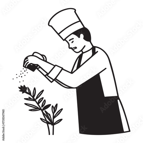 Chef adding seasoning to plant isolated on white background a cook in uniform sprinkling spices on a herb simple vector illustration of a culinary process, cooking, and flavoring food