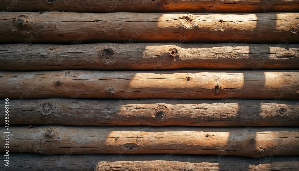 Obraz premium Horizontal photo of stacked wooden logs. Rustic timber texture provides background. Natural wood structure with rough surface details. Brown material with knots in log house.