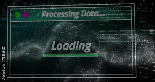 Wave field rising as UI box fading Processing Data text Loading bar filling green panels emerging