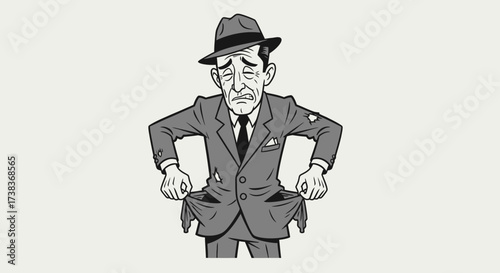 Cartoon man with empty pockets symbolizing financial hardship and economic downturn
