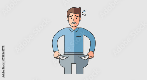 Cartoon illustration of a stressed man with empty pockets showing financial difficulty