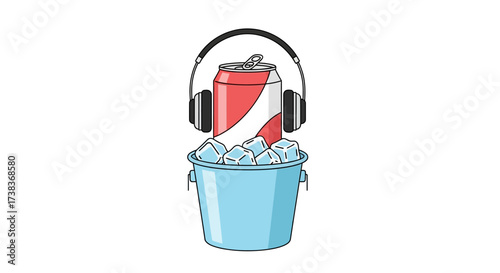 Chilled refreshment can with headphones enjoying a musical pause on ice container