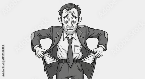 Illustration of a destitute businessman showing empty pockets, symbolizing financial distress