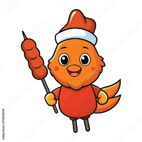 A cute cartoon bird wearing a santa hat and holding a skewer of grilled meat, isolated on white background, perfect for holidaythemed designs, adding a touch of whimsy and festive cheer