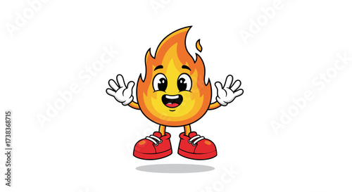 Cartoon fire character waving cheerfully against a clean white background illustration