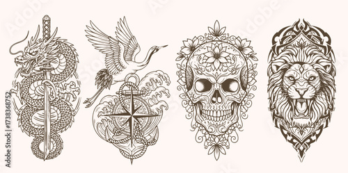 Vector Illustration Set Dragon Sword Crane Compass Skull Lion Tattoo Style Modern Design