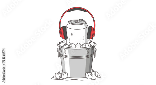 Cool beverage listening to music with red headphones in a metal bucket with ice