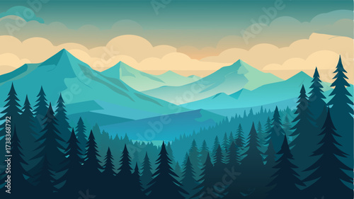 A vast expanse of pine trees stretching as far as the eye can see and blending into the distant mountains.