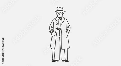 Simple outline illustration of a man in a trench coat and hat standing alone