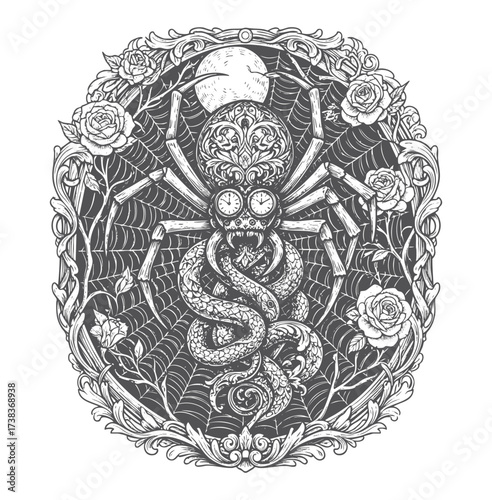 Detailed Spider Vector Illustration with Snake and Roses in Steampunk Style