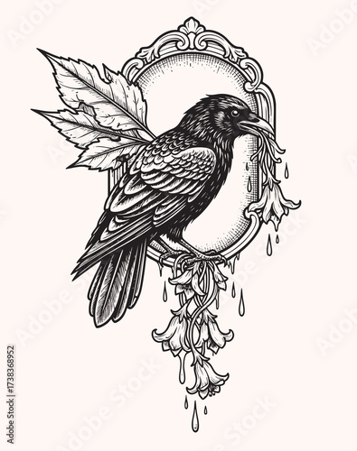 Detailed Raven Vector Illustration with Ornate Frame and Floral Elements Vintage Style Art
