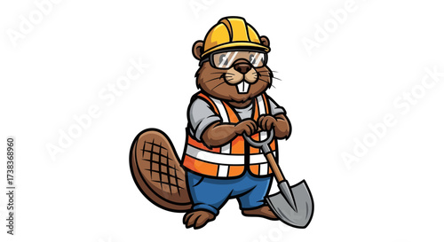 Cartoon beaver construction worker wearing a helmet and safety vest holding a shovel ready to get