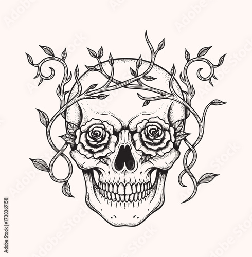 Skull Vector Illustration with Rose Eyes and Vine Crown Vintage Style