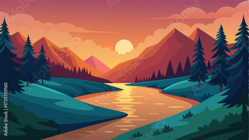 A tranquil river snaking through a tranquil forest captured in a moment of serene stillness as the sun sets behind the trees.
