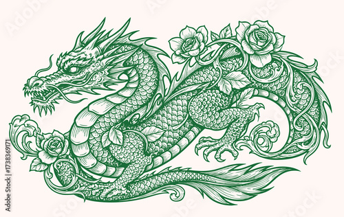 Dragon Vector Illustration with Rose Flowers Ornate Decorative Design Element Engraved Style in Green