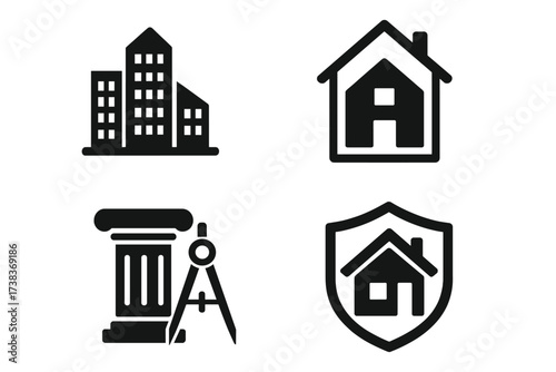 Real estate icon set for business. Architecture and construction logo collection. Property investment and home insurance symbols. Building, house, and architect design elements.