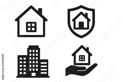 Real estate icons set. House, home, apartment and office building symbols. Property insurance, protection and security sign. Realty services, mortgage and sale concept vector.