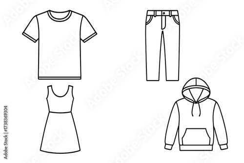 Clothing icon set. Apparel line art collection. T-shirt, pants, dress, hoodie vector icons. Fashion design template. Men and women garment outlines. Wardrobe essentials isolated.