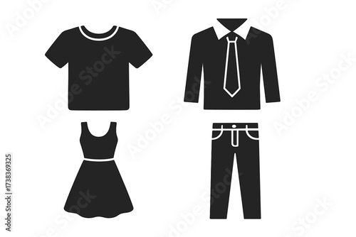 Clothing and fashion icon set. Collection of isolated garment symbols. Man and woman apparel silhouette. Vector illustration of t-shirt, dress, pants and business shirt.